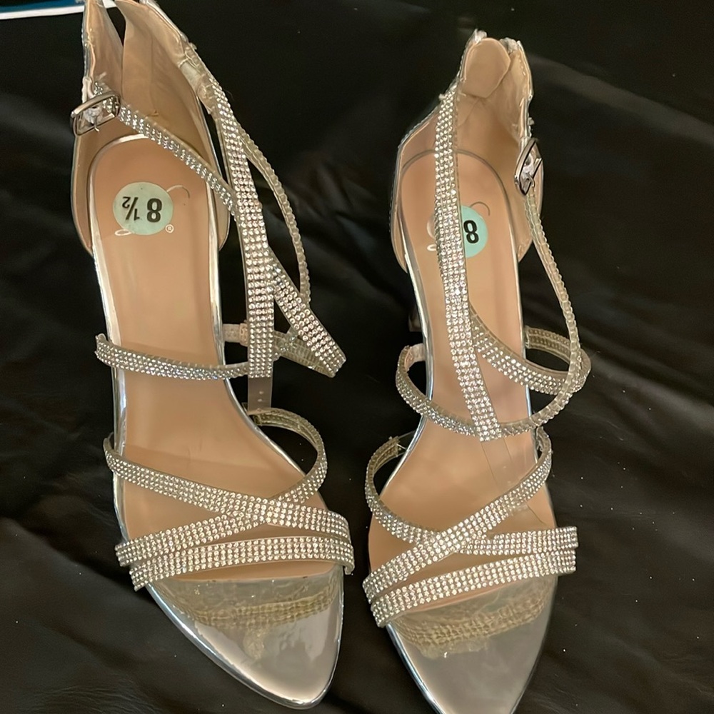 Silver blinged ankle wrap heels.. never worn